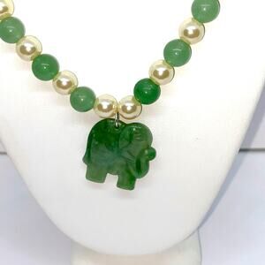 Handmade Beaded Pearl & Green Elephant Necklace
